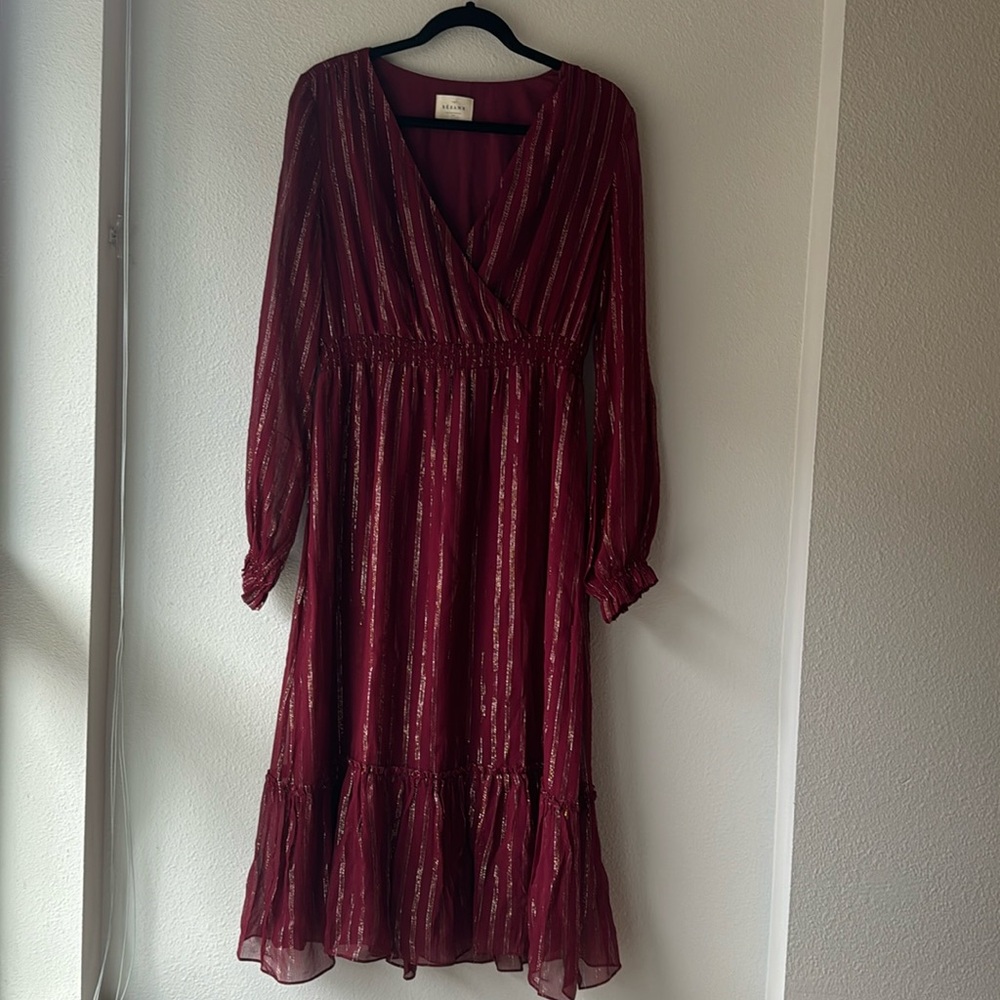 Sézane Burgundy Metallic Stripe Long Sleeve Midi Dress